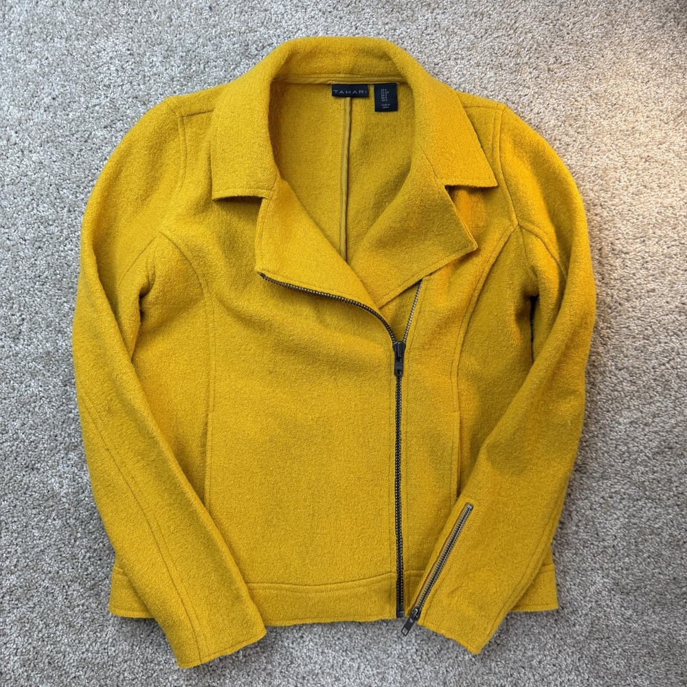 Tahari Jacket Womens S Yellow Wool Biker Moto Asymmetrical Zip Short Collared